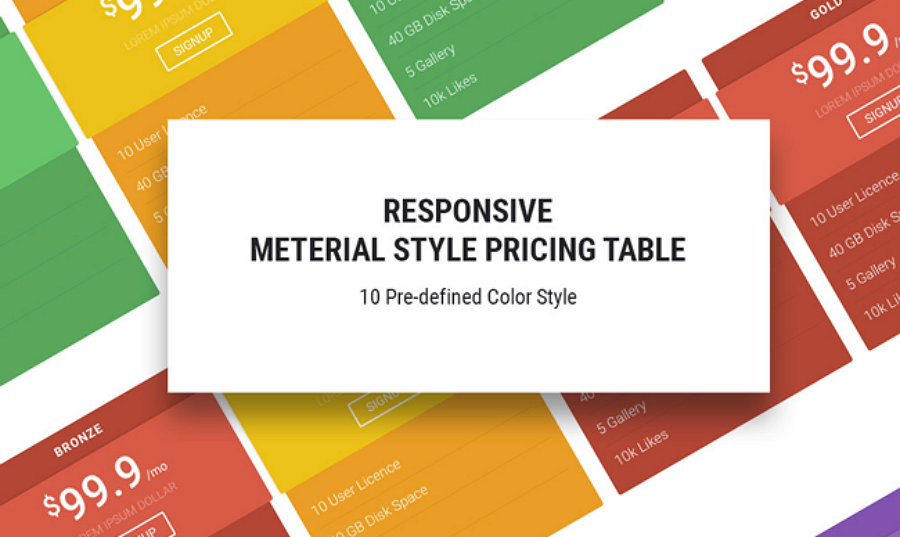 Free HTML5 CSS3 Pricing Table Material Design Template