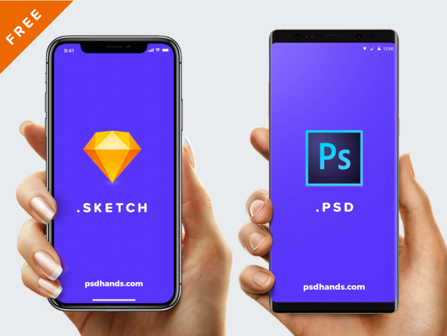 Hand with iPhone X /8/Android/ Free Mockup PSD/Sketch